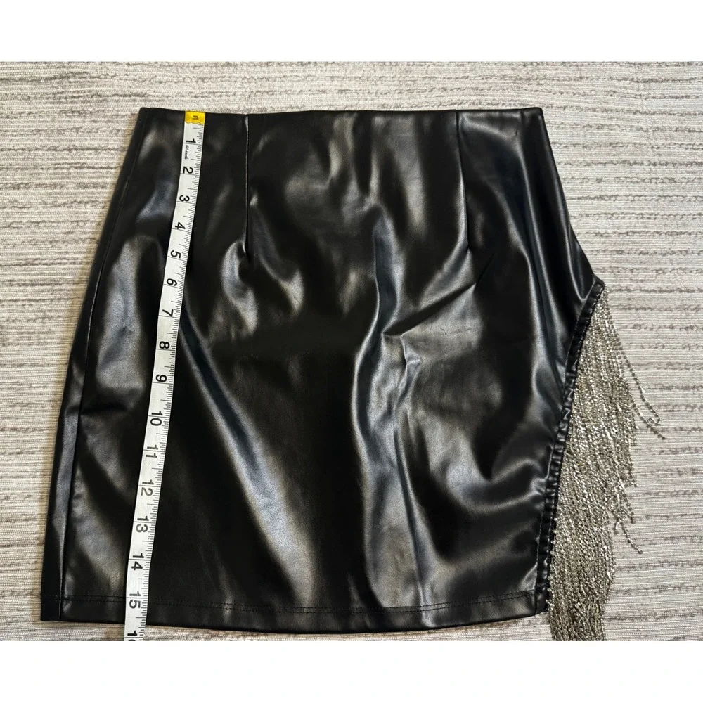 Windsor Black Faux Leather Rhinestone Fringe Mini Skirt Small High Waisted Night